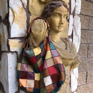 Rare Lucky Brand Vintage Leather Suede Patchwork Women's Purse Handbag Hobo Boho